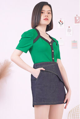 Black Contrast Puff Sleeve Button Down Top (Green)